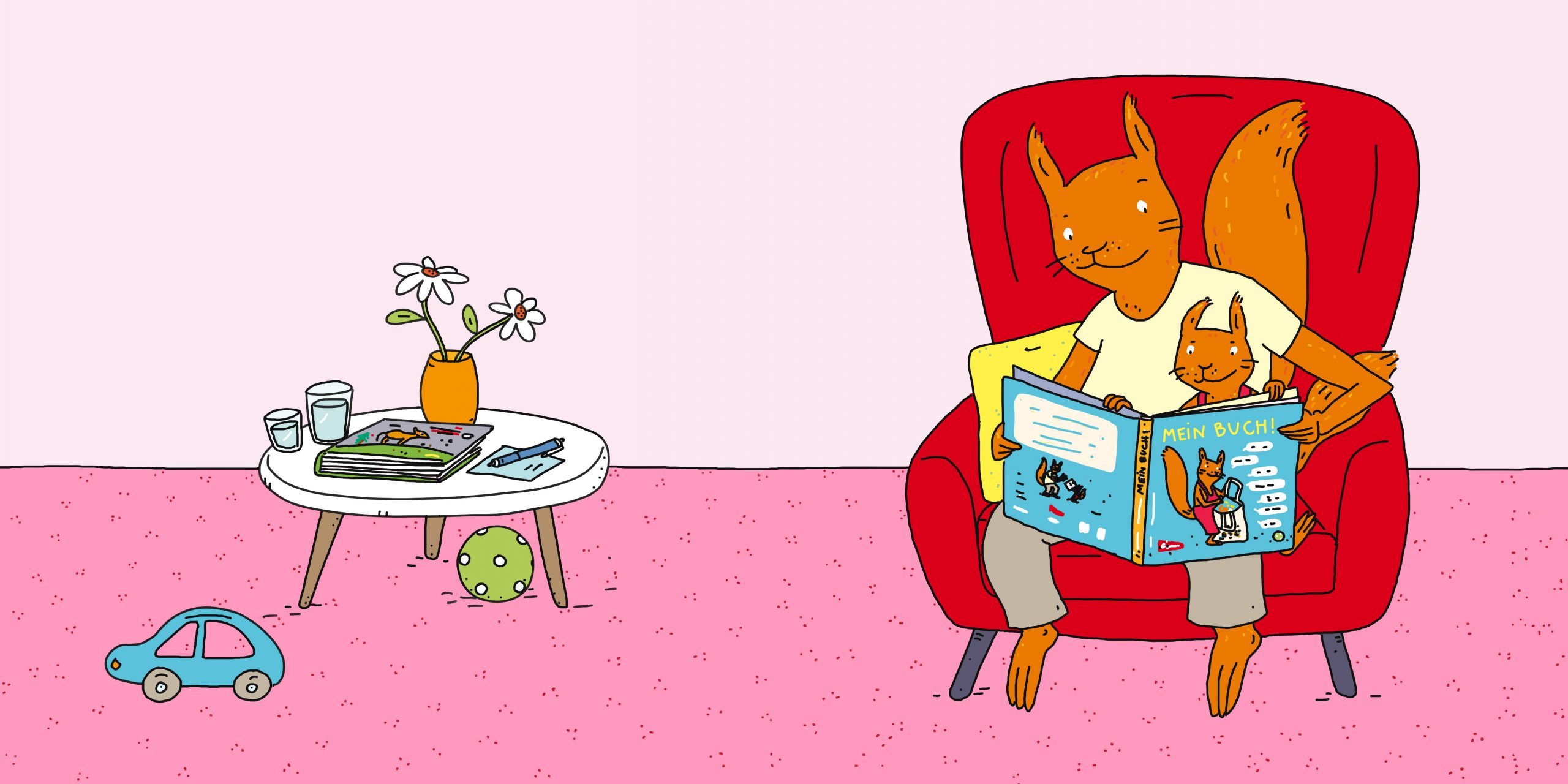 Das große und das kleine Eichhörnchen schauen sich das Buchstartbuch an.